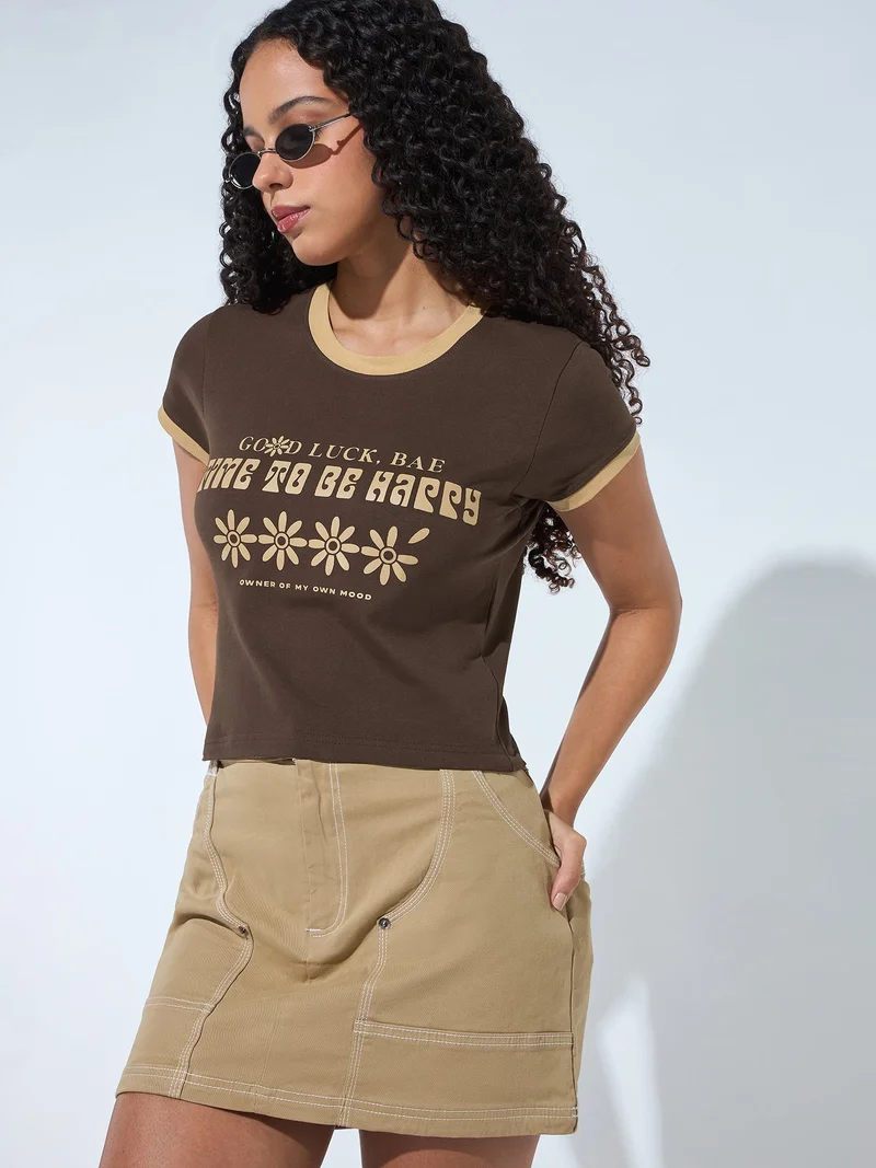 Outzidr  Brown Crew Neck Graphic Tshirt for Women | Best Price UAE